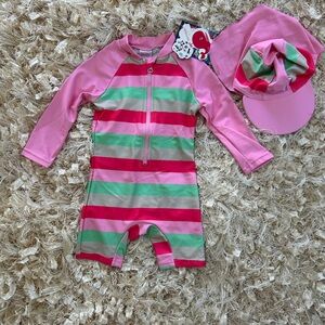 Baby Girl Bonverano, UPF50, 6-9Mo. Half Zip Sun Swimsuit With Sun Hat NWT